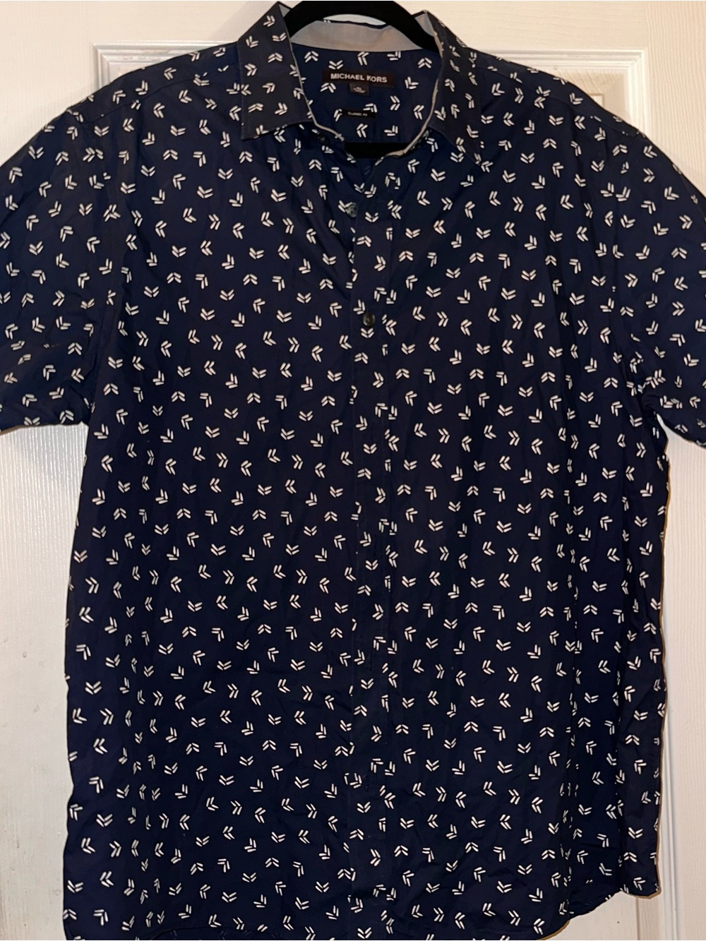 Michael Kors Navy Short-Sleeve Printed Button-Down Shirt
